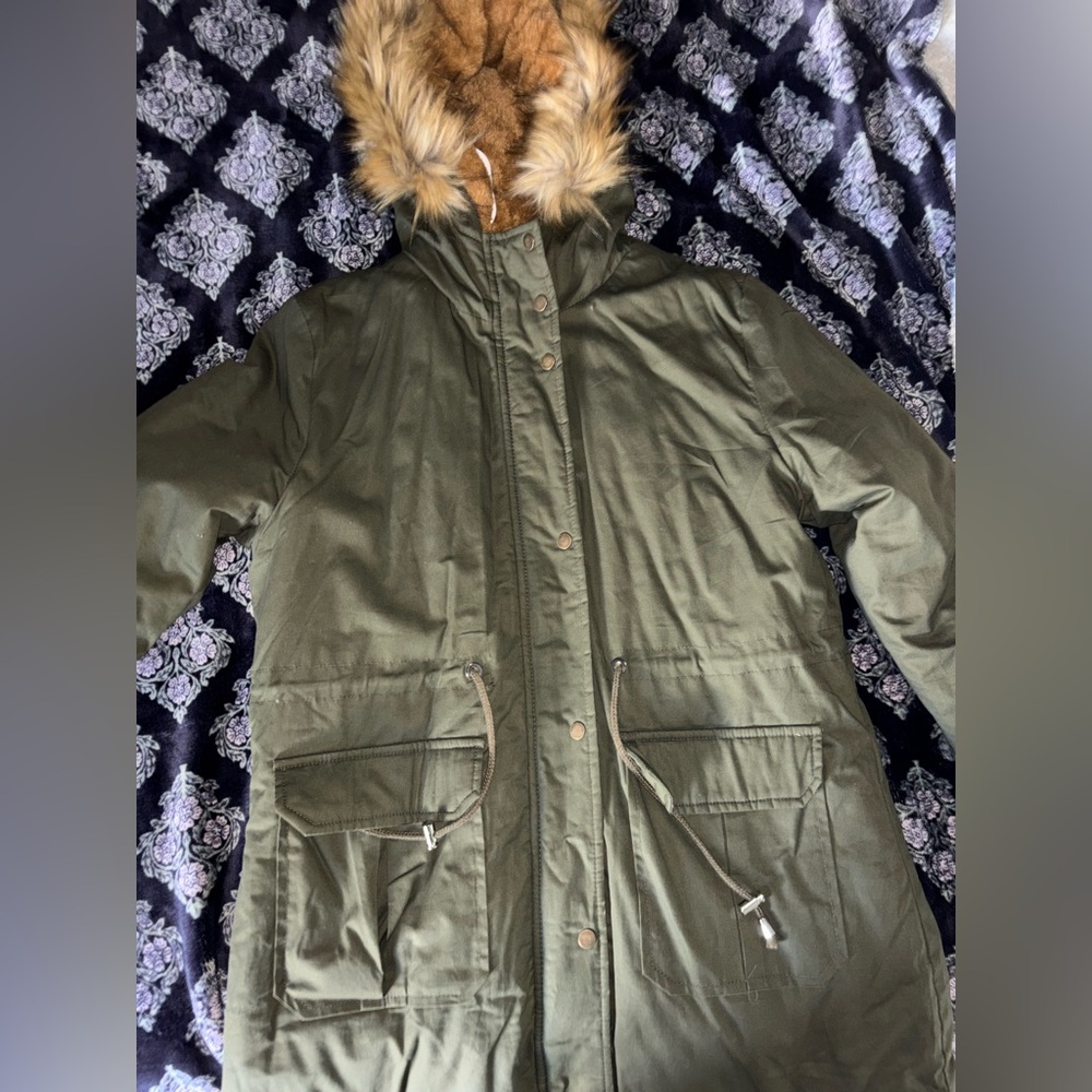 Olive Green Parka with Faux Fur Hood